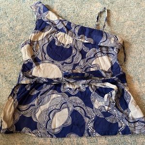 One shoulder blue patterned top by Tulle. Size large.